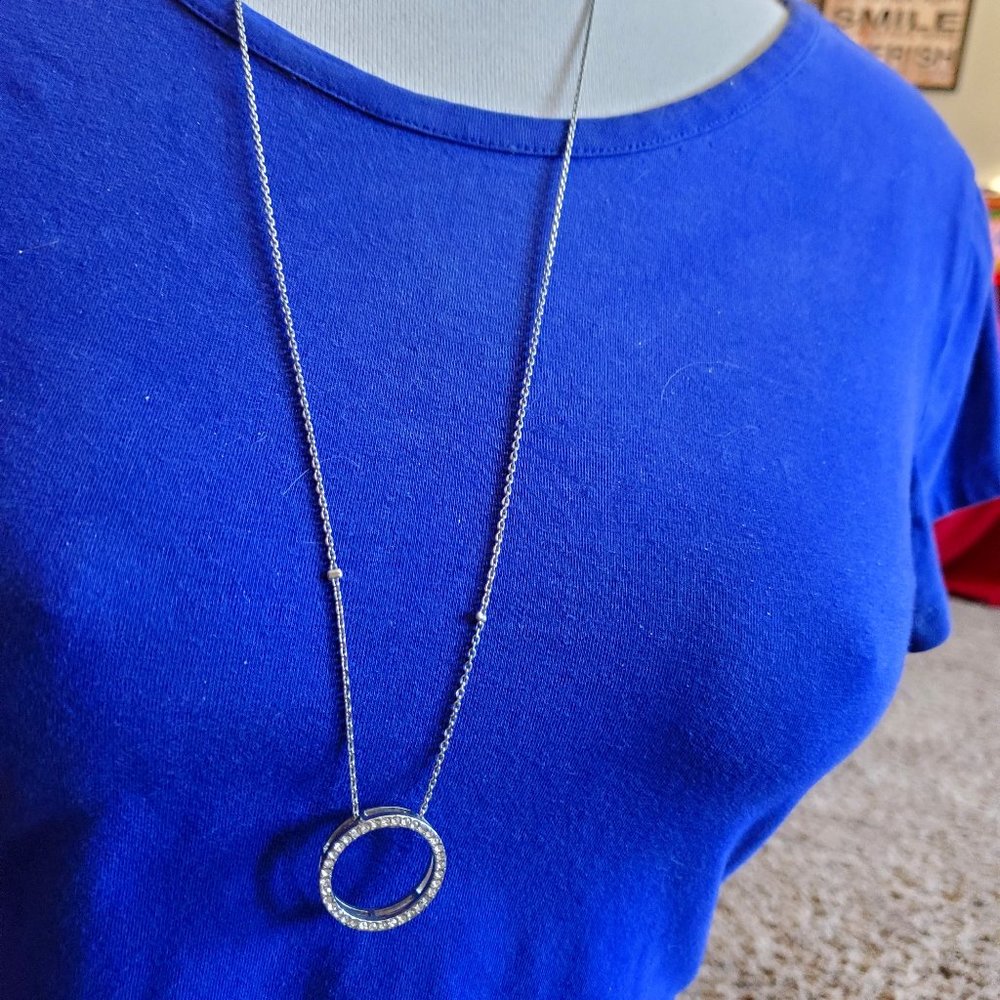 28" Silver Tone Bijoux Terner Necklace Rhinestone Circle Pendant Women's Style